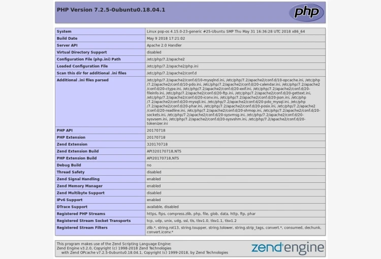 Captura de tela da página de configurações do PHP 7.2