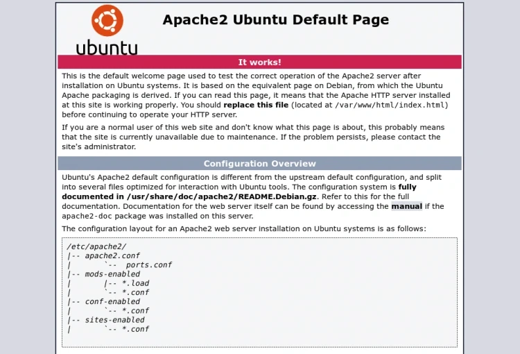 Captura de tela da página de confirmação do Apache