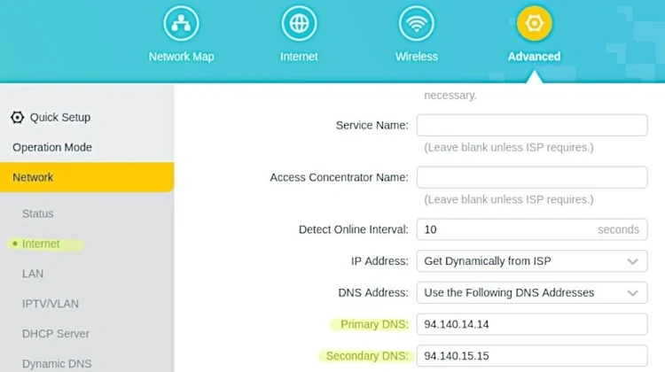 Página de configurações da TP-Link mostra aba de DNS