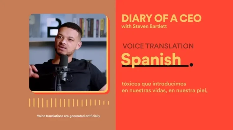 Demostração de podcast em Inglês sendo dublado por inteligência artificial em Espanhol