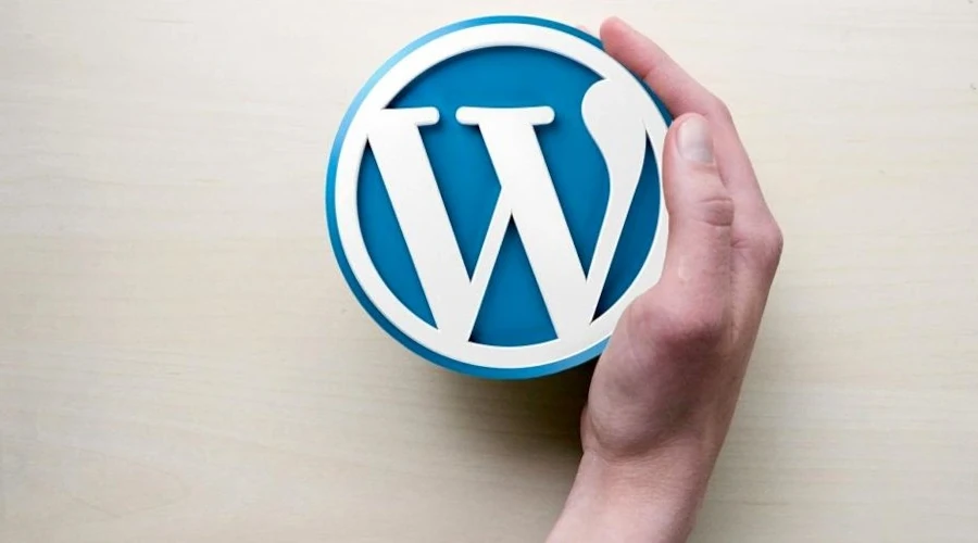 Imagem mostra uma mão segurando a logo do WordPress esculpida em madeira
