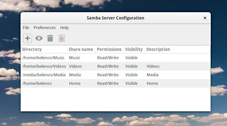 Captura de tela mostra janela de configuração do Servidor Samba SMB no Ubuntu Linux