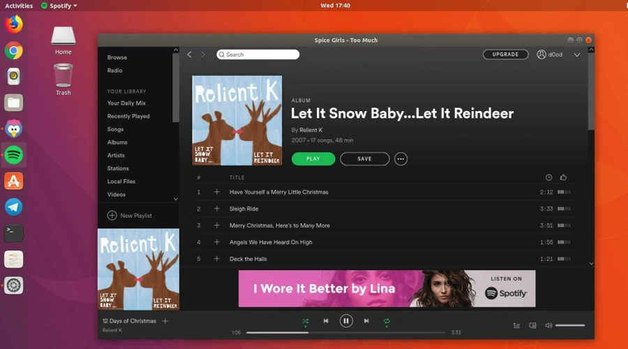 Captura de tela mostra janela do Spotify aberta no Ubuntu