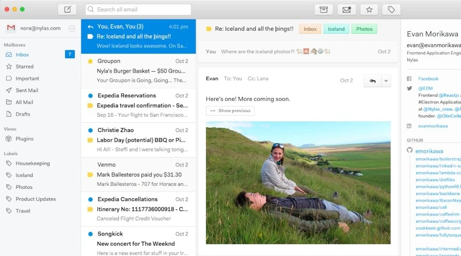 Captura de tela mostra o gerenciador de e-mails Nylas N1 sendo utilizado