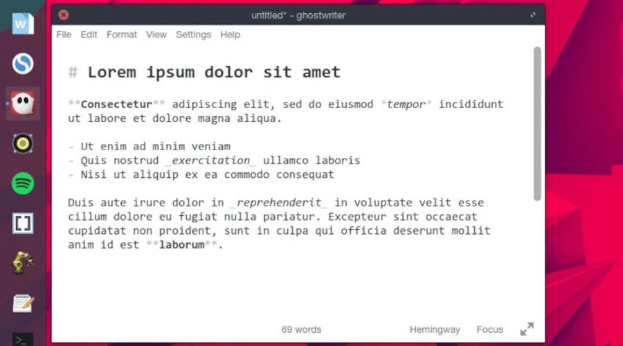 Captura de tela mostrando uma exemplo de texto com marcação Markdown aberto no Ghostwriter