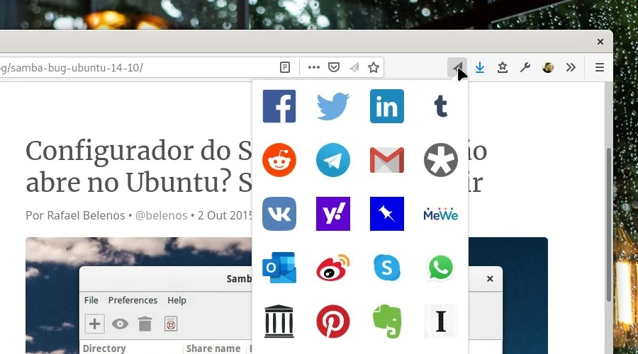 Captura de tela mostrando a extensão de compartilhar sendo usada no navegador Firefox