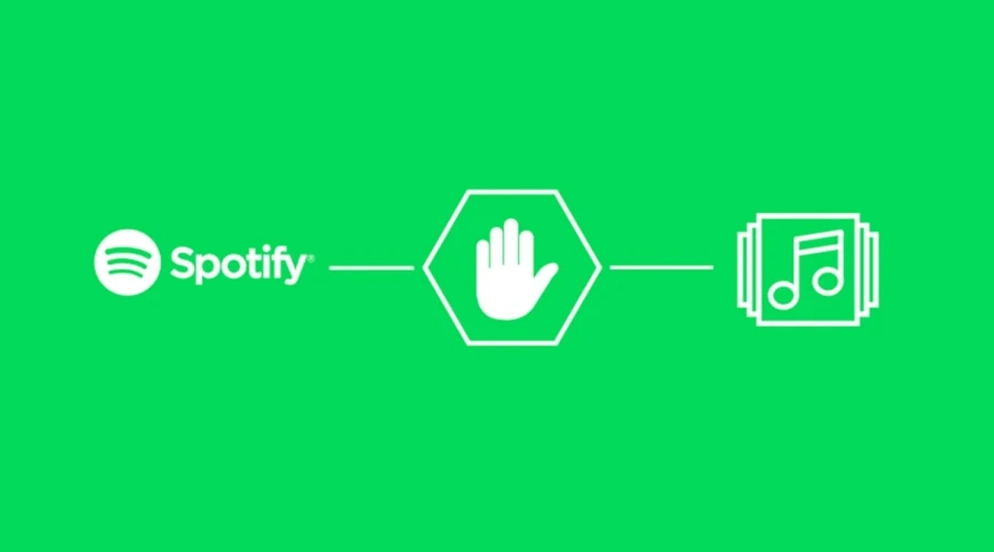 Imagem com fundo verde mostra logo do Spotify seguido de um pictogramas de pare e música