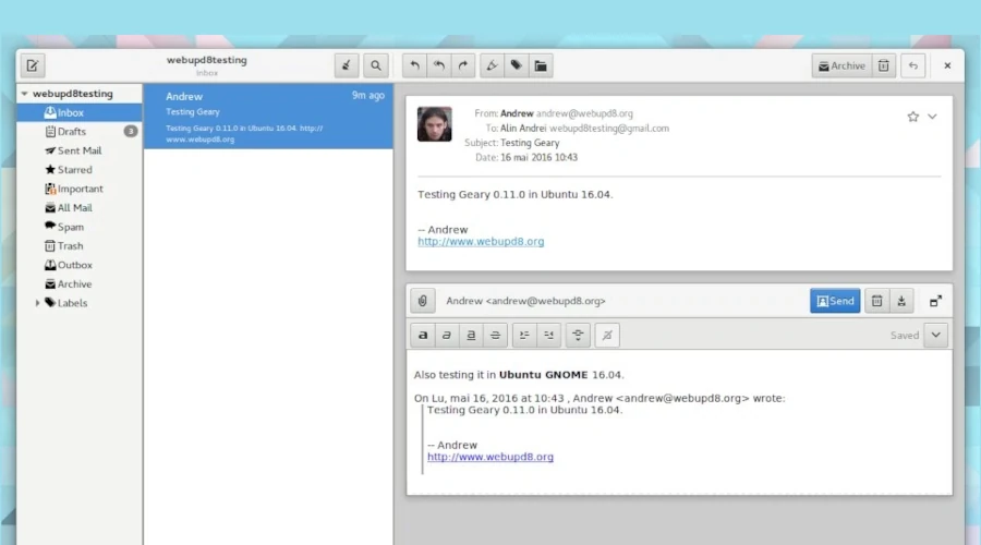Captura de tela mostrando o Geary Mail rodando no Ubuntu