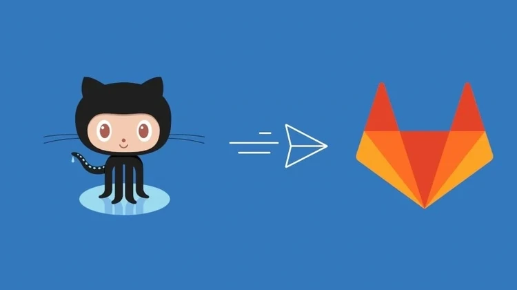 Imagem com a logo do Github à esquerda e do Gitlab à direita, separados por uma engrenagem