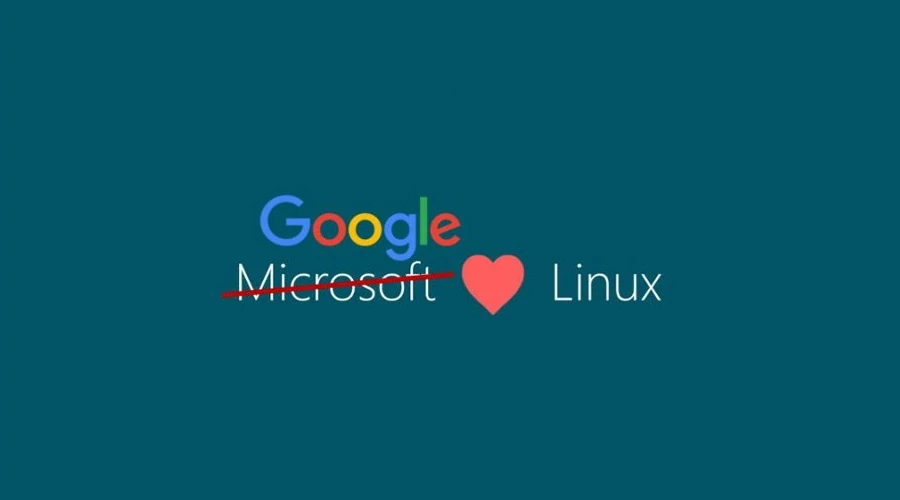 Imagem com a frase Microsoft ama o Linux, mas a palavra Microsof está cortada ao meio e substituída pelo Google