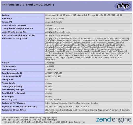 Captura de tela da página de configurações do PHP 7.2