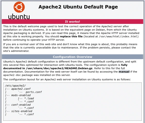 Captura de tela da página de confirmação do Apache