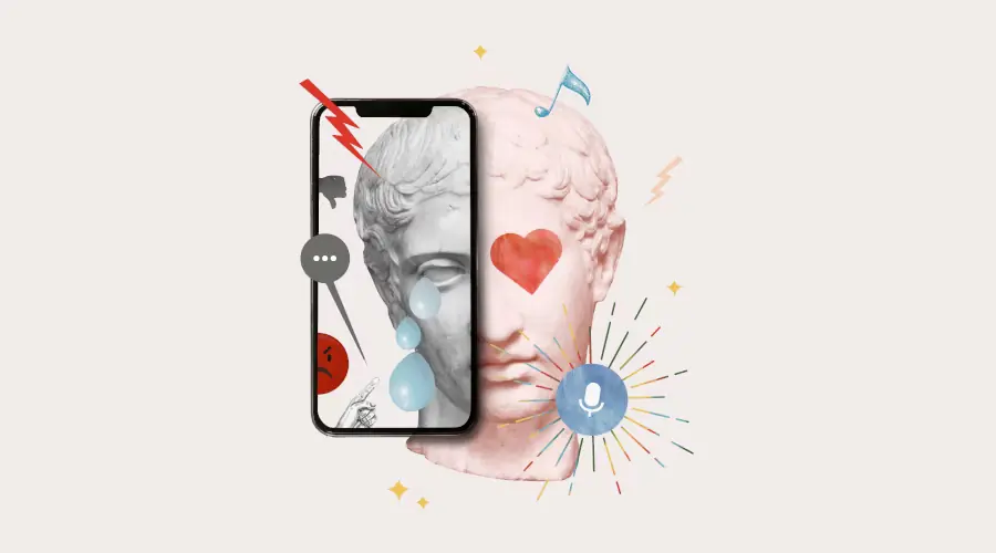 Estátuda romana com um smartphone sobre posto sobre metade do rosto e emojis sobrepostos em um estilo de colagem