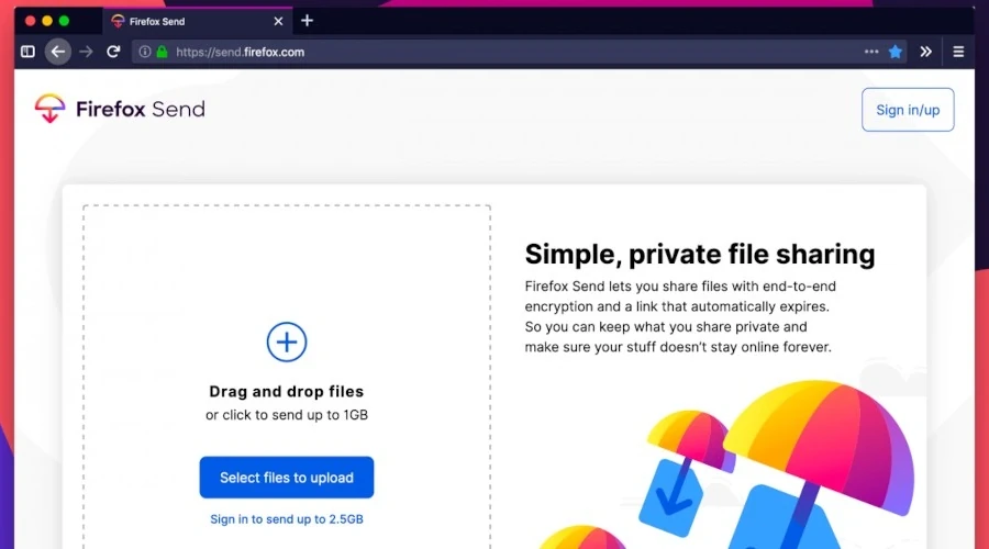Imagem página inicial do serviço Firefox Send