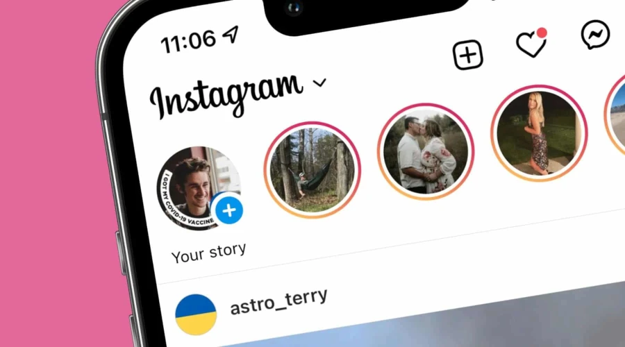 Foto do topo da tela de um celular com o aplicativo do Instagram aberto mostrando perfis do stories