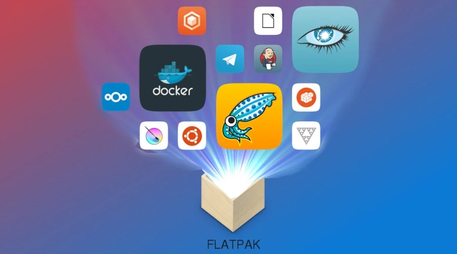 Imagem mostra logos de aplicativos saindo de dentro de logo do Flatpak