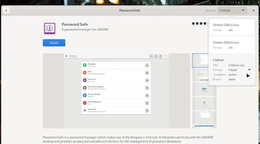 Gnome Software aberto na página do aplicativo Password Safe com a opção de instalação do Flathub aberta 