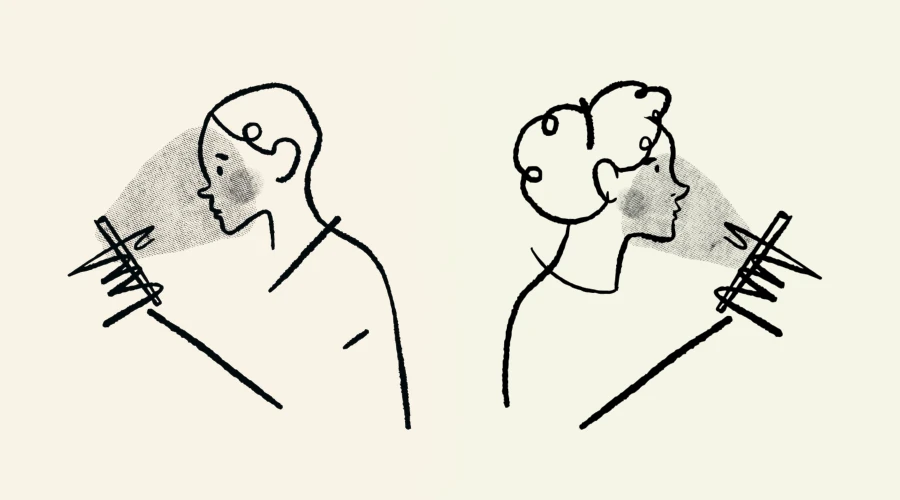ilustração mostra homem e mulher, um de costas para o outro, segurando smartphones que iluminam seus rostos
