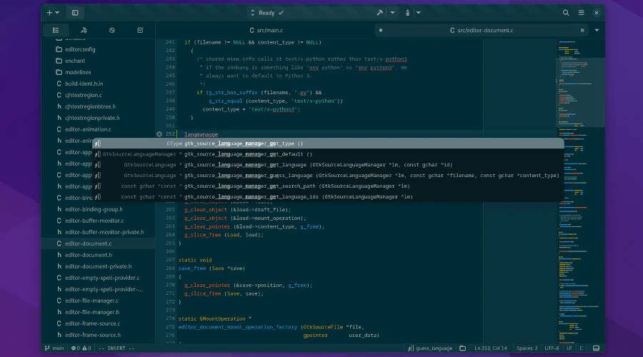 Captura de tela do Gnome Builder mostra função autocompletar na edição de um arquivo escrito em linguagem C