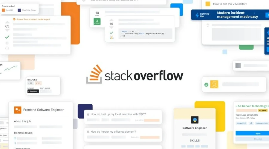 Logo do Stack Overflow em um fundo branco rodeado de pequenas janelas