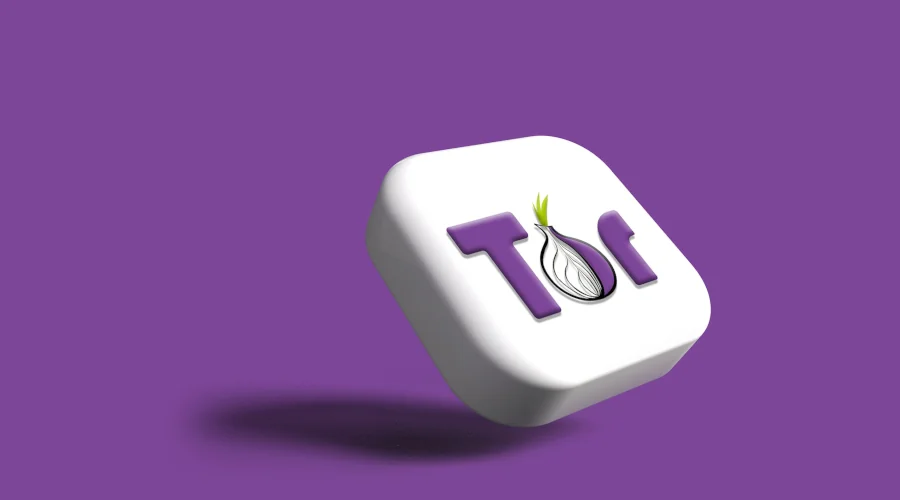 logo do navegador Tor num ícone 3D flutuando em um fundo roxo