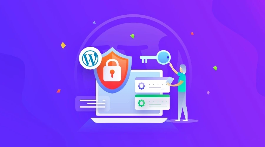 ilustração de computador rodeados de ícones de segurança e logo do WordPress