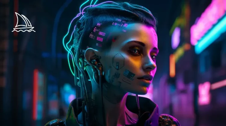 Imagem gerada por inteligência artificial de uma mulher com implantes ciberbéticos em uma estética steampunk