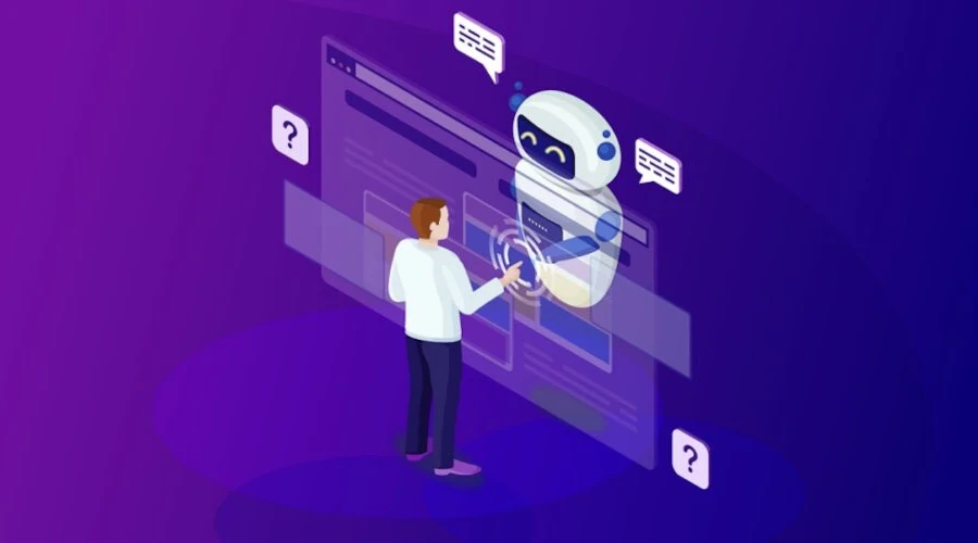 Ilustração de robô e humano interagindo através de uma tela