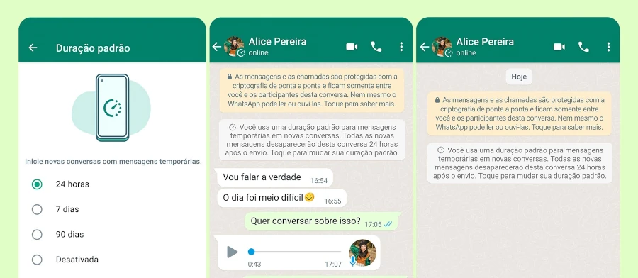 Capturas de tela mostram menu de ativação de mensagens temporárias e conversas do whatsapp com a opção ativa