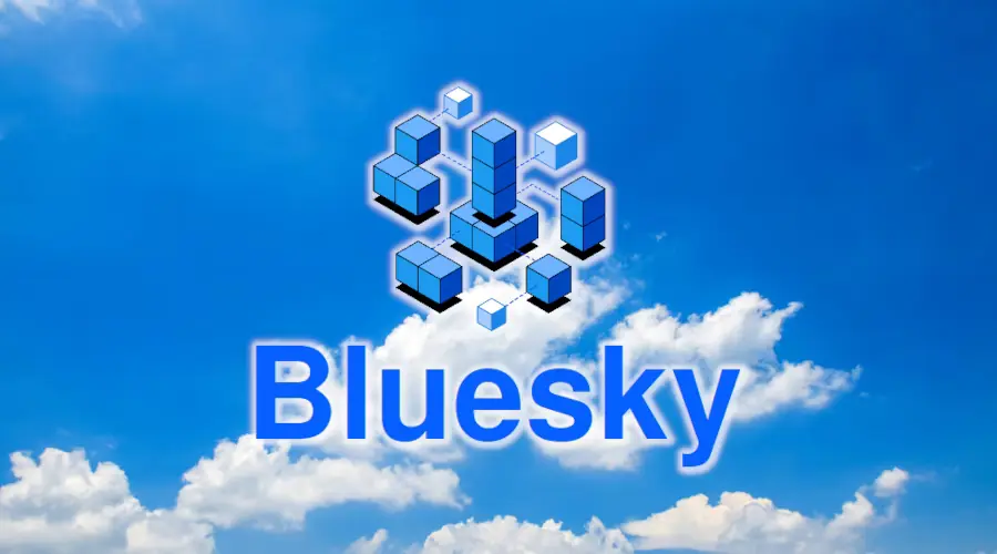 Logo do Bluesky com uma foto de um céu azul com nuvens