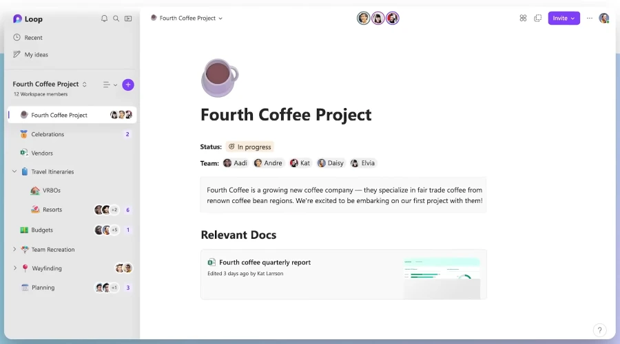 Captura de tela mostra espaço de trabalho no Microsoft Loop