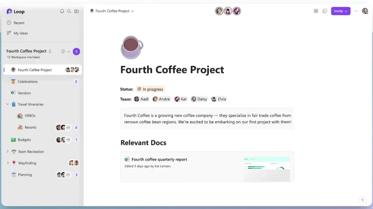 Captura de tela mostra espaço de trabalho no Microsoft Loop