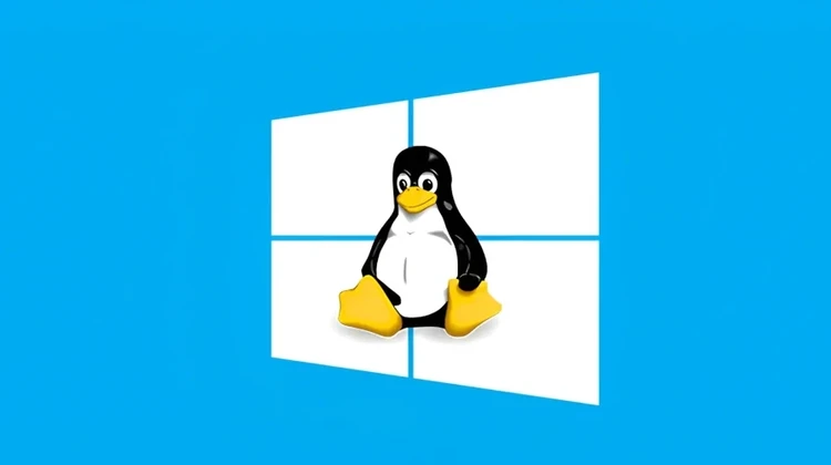 imagem com fundo azul mostra logo da Microsoft sobreposto pelo Tux, o pinguim mascote do Linux