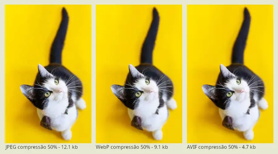 Comparação de imagens 280x450 com 50% de compressão em JPEG, WebP e AVIF