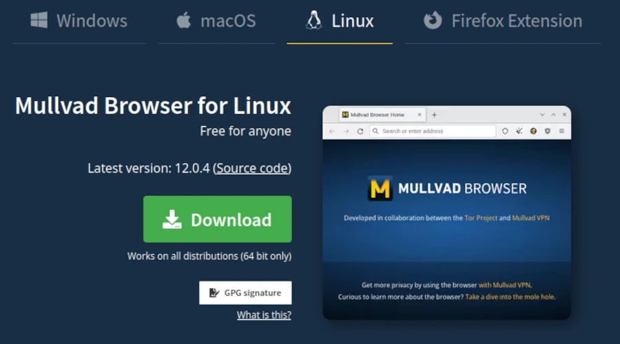 Captura de tela da página de download do Mullvad Browser