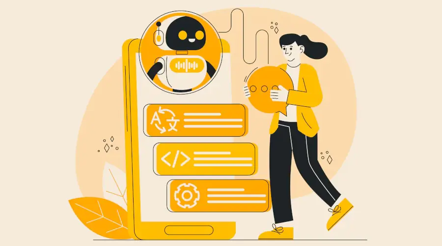 Ilustração de mulher carregando balão de mensagem e um robô de inteligência artificial em uma tela gigante de celular a responde