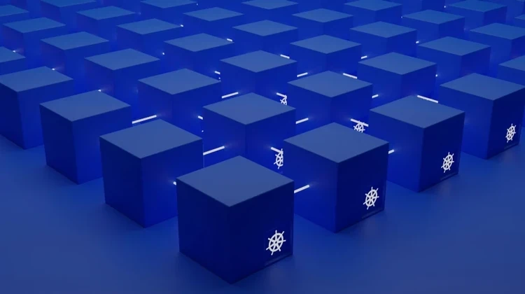 ilustração 3D mostra vários cubos azul escuro simulando hacks de servidores interconectados e cada cubo tem a logo do kubernetes