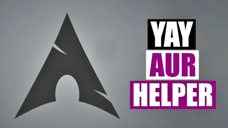 Logo do Arch Linux em um fundo cinza e o texto YAY AUR Helper do lado direito