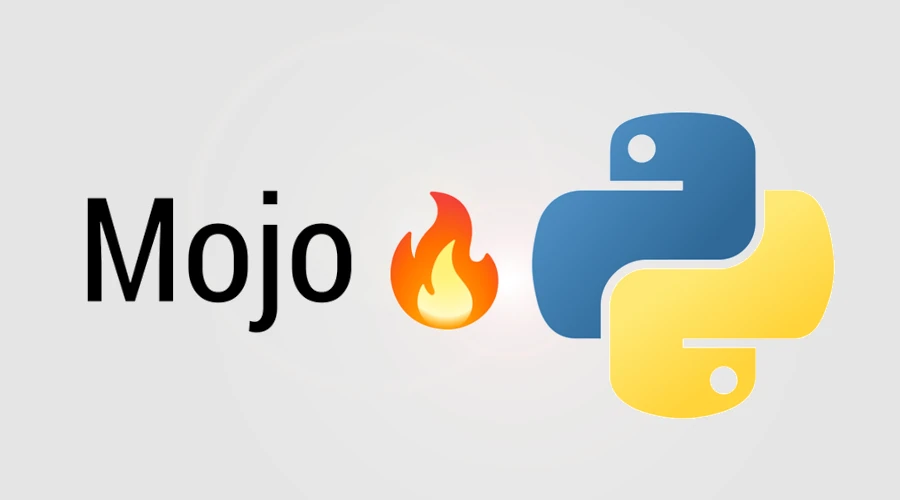 Logos das linguagens de programação Mojo e Python lado a lado em um fundo cinza