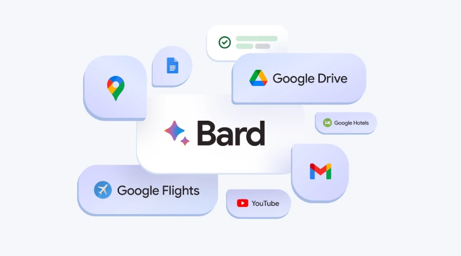 Logo do Google Bard em um fundo branco cercado por balões com com logos de outros serviços do Google