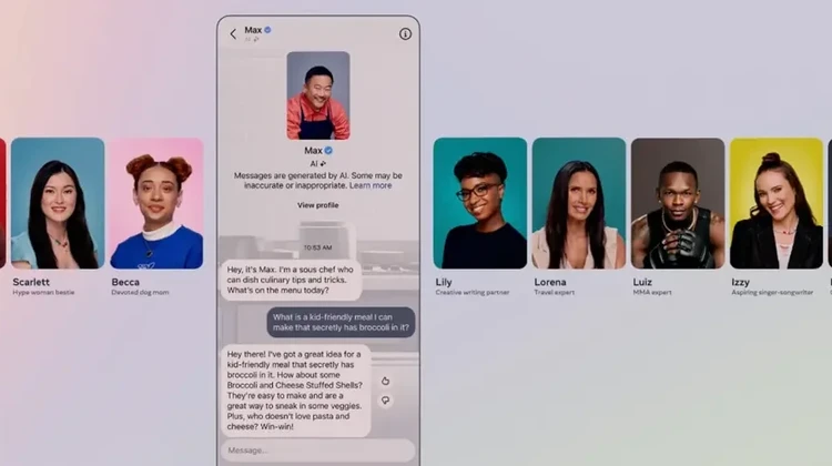 telas de smartphones com demostrações de chatbots da Meta AI
