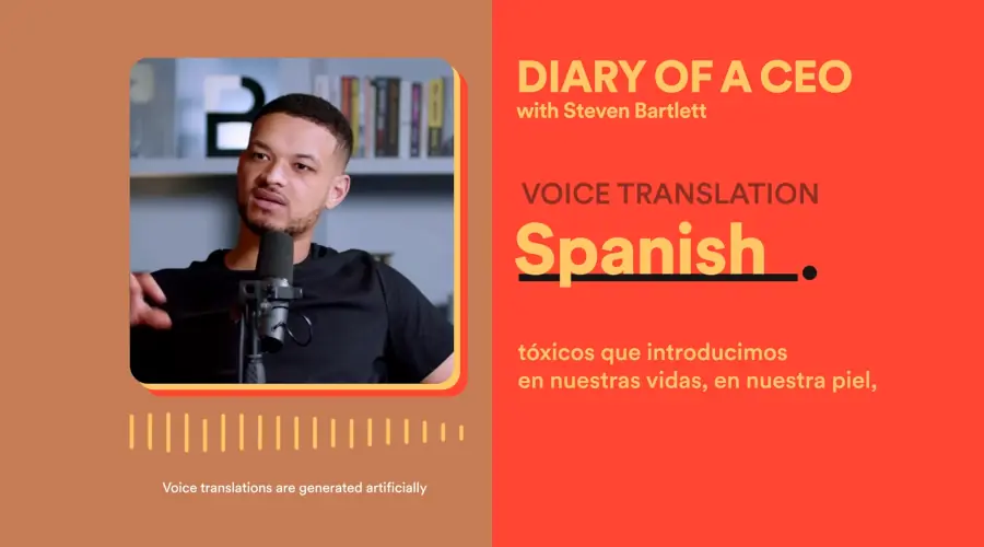 Demostração de podcast em Inglês sendo dublado por inteligência artificial em Espanhol