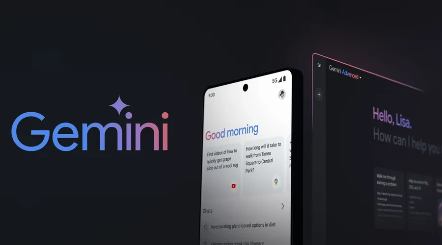Logo do Gemini num fundo escuro ao lado de um celular e uma janela de navegador mostrando o Gemini em uso