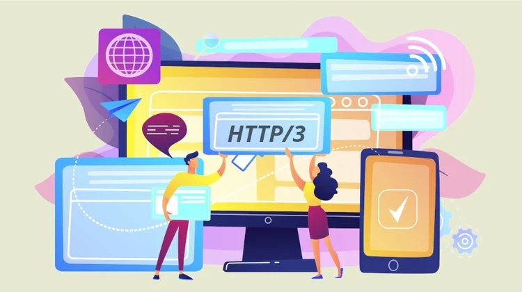 Ilustração 2D mostra homem e mulher apontando para navegador na tela de um grande computador com HTTP/3 escrito na janela