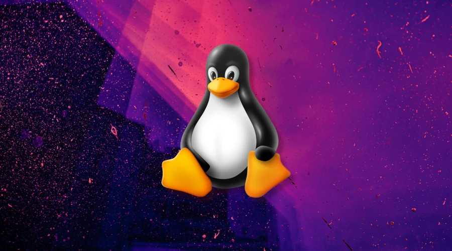 Tux, o pinguim mascote do Linux sobre um fundo moderno lilás e azul escuro com partículas flutuando