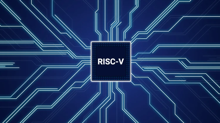 Logo do RISC-V numa representação de circuito impresso