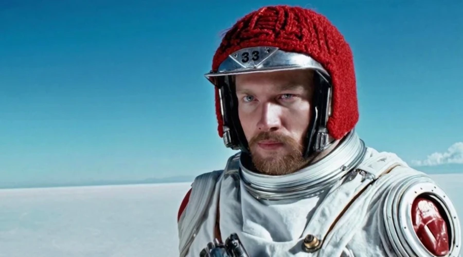 Captura de um vídeo super realista feito por inteligência artificial mostrando um astronauta com capacete vermelho aberto no que parecer ser um planeta de gelo
