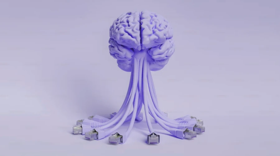 cérebro artificial lilás flutuando em um fundo claro em cabos de rede ethernet conectados à sua base, dando a ele um aspecto de polvo