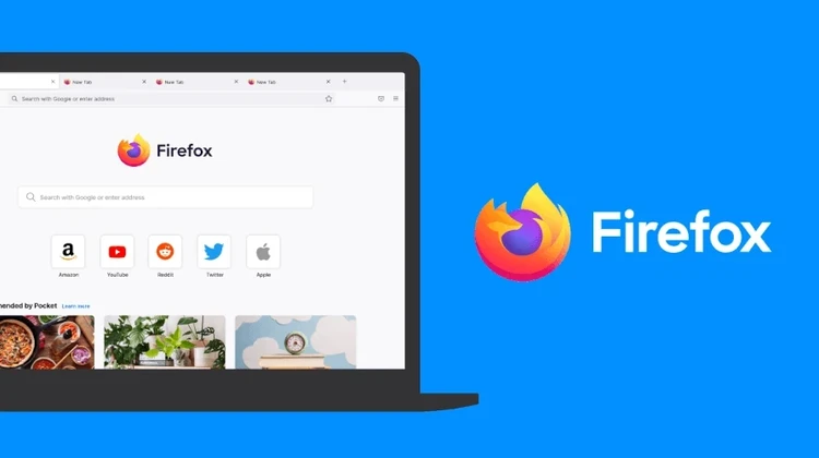 Logo do Firefox em um fundo azul celeste ao lado de um notebook com uma janela do navegador Firefox aberta