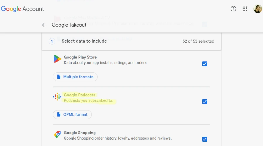 página do google takeout mostrando a opção do google podcasts